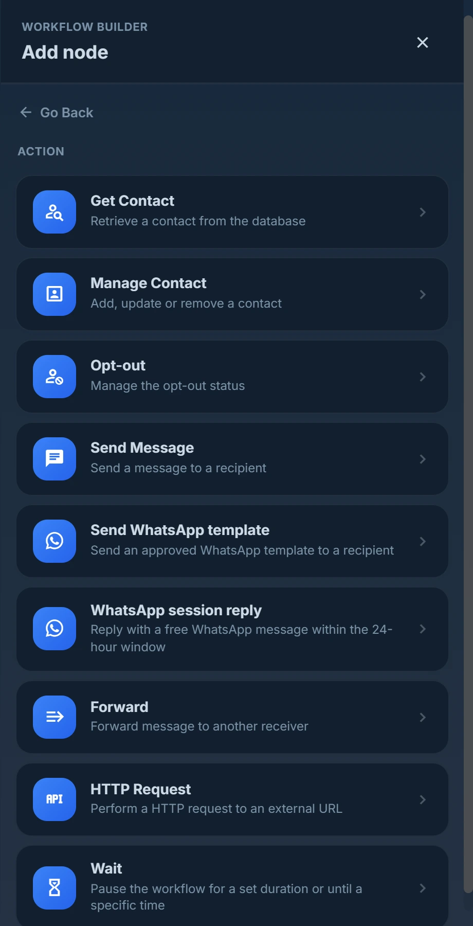 Een knooppunt toevoegen in de workflow builder: kies uit acties zoals Bericht verzenden, WhatsApp template, HTTP-verzoek en Wachten